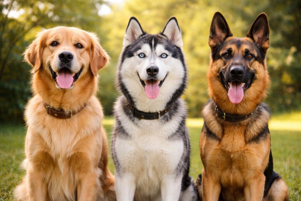 Golden Retriever, Siberian Husky, German Shepherd