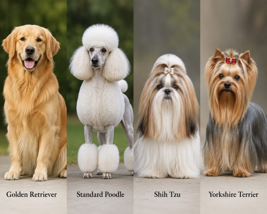 golden retriever, standar poodle,shih tzu, and yorkshire terrier, traditional breed cut, breed standard haircut