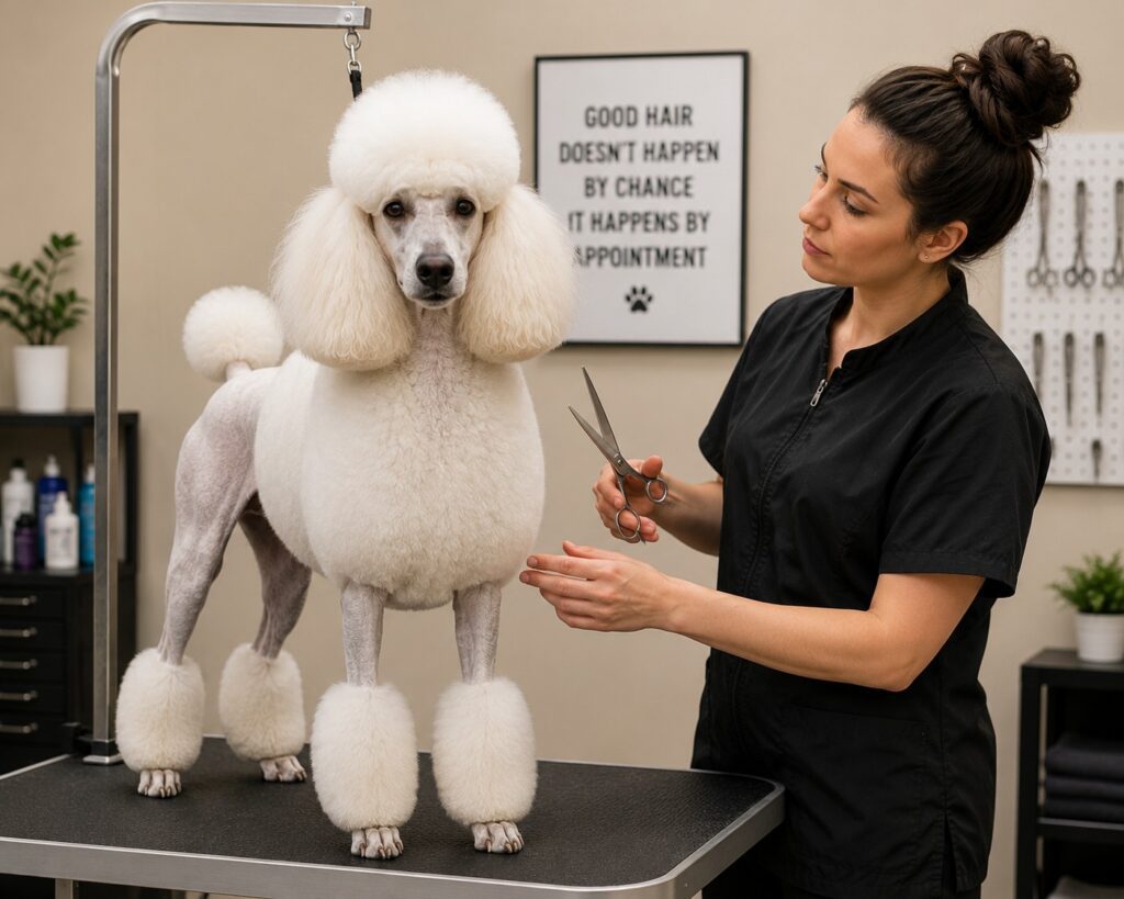 professional dog groomer preparing to trim a standard poodle in a breed-standard haircut