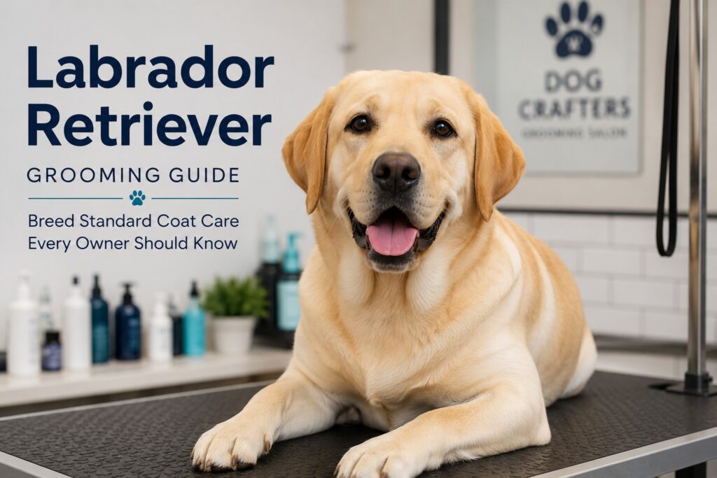 Labrador Retriever grooming guide featuring a professionally groomed yellow Labrador Retriever with a clean, healthy double coat.