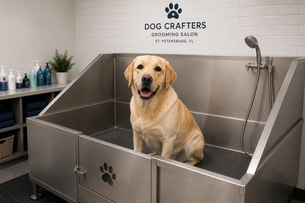 Labrador Retriever in a grooming bathtub preparing for a bath as part of a standard grooming routine
