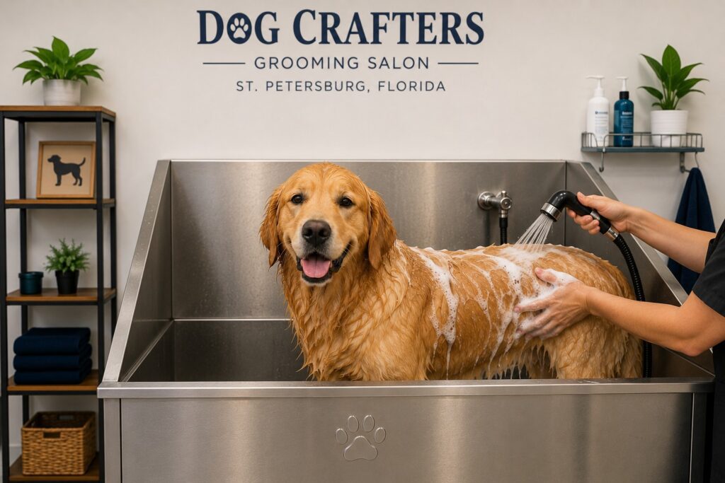 Golden Retriever being bathed by a professional groomer at Dog Crafters Grooming Salon in St. Petersburg, Florida