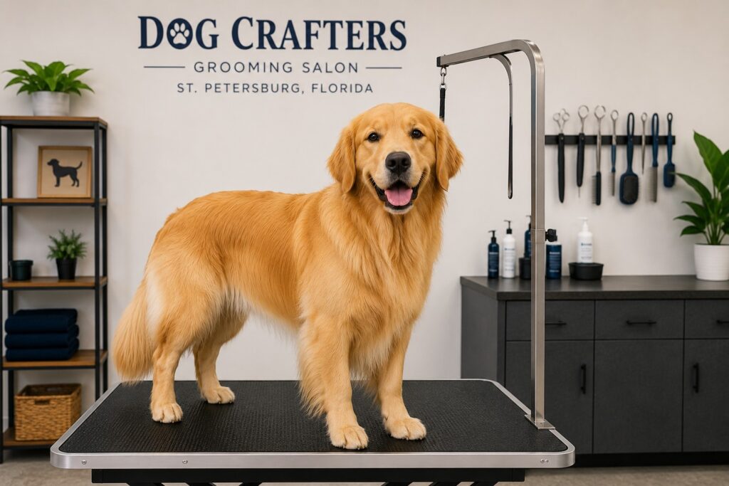 Golden Retriever after professional grooming showing it's breed standard coat at Dog Crafters Grooming Salon in St. Petersburg, Florida
