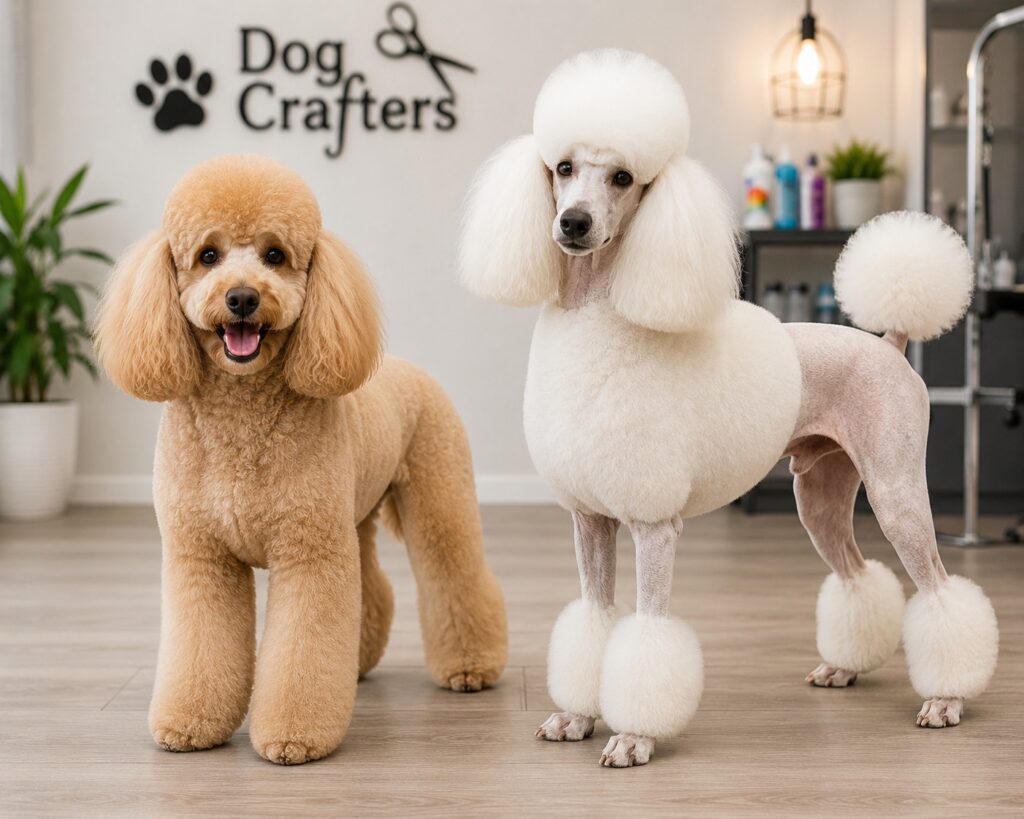 Two freshly groomed Poodles at Dog Crafters, with one in a fluffy pet-friendly trim and the other in a traditional Continental haircut