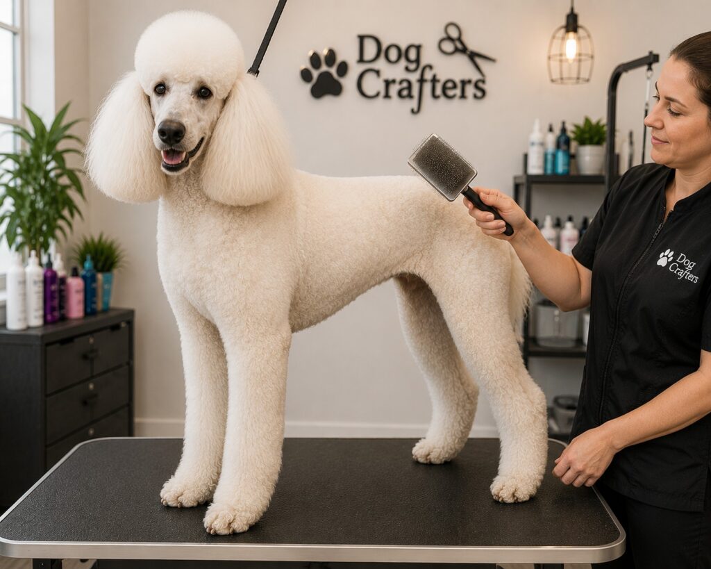 Standard Poodle being brushed on a grooming table at Dog Crafters by a professional groomer