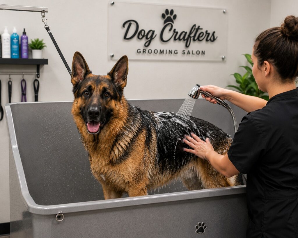 A German Shepherd comfortably standing in an oversized grooming tub while being gently bathed