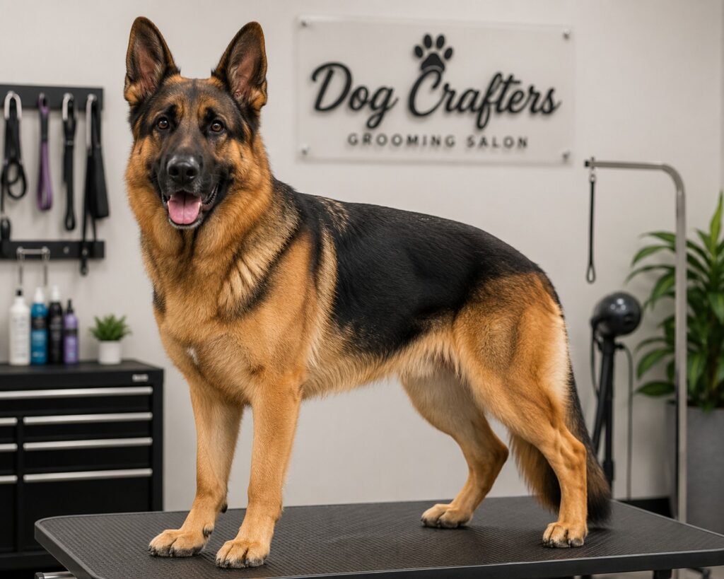 A well-groomed German Shepherd standing in a professional grooming salon in its natural breed-standard coat